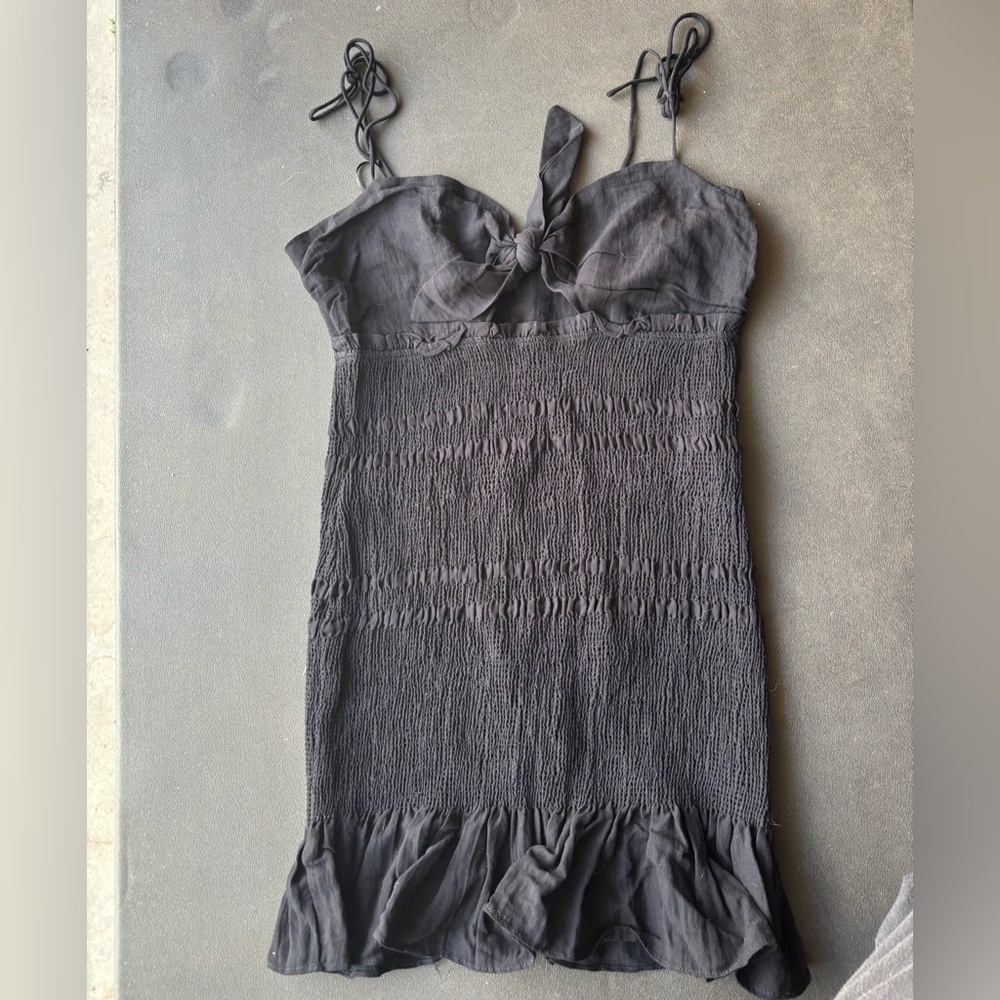 Black Smocked Tie-Front Mini Dress